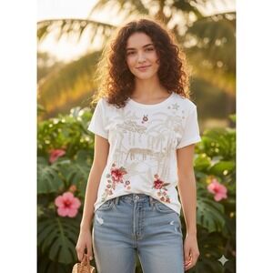 Johnny Was embroidered leopard tropical flora white short sleeve oversized XS